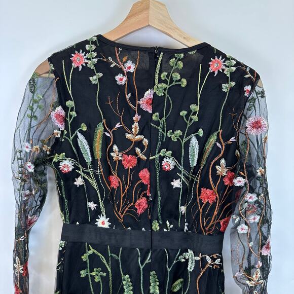 Black Midi Sheer Sleeve Embroidered Floral Knee Length Dress Womens Size Small - Picture 7 of 14